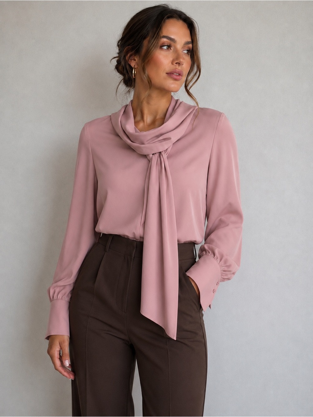 Anne Klein Dusty Rose Tie-Neck Blouse